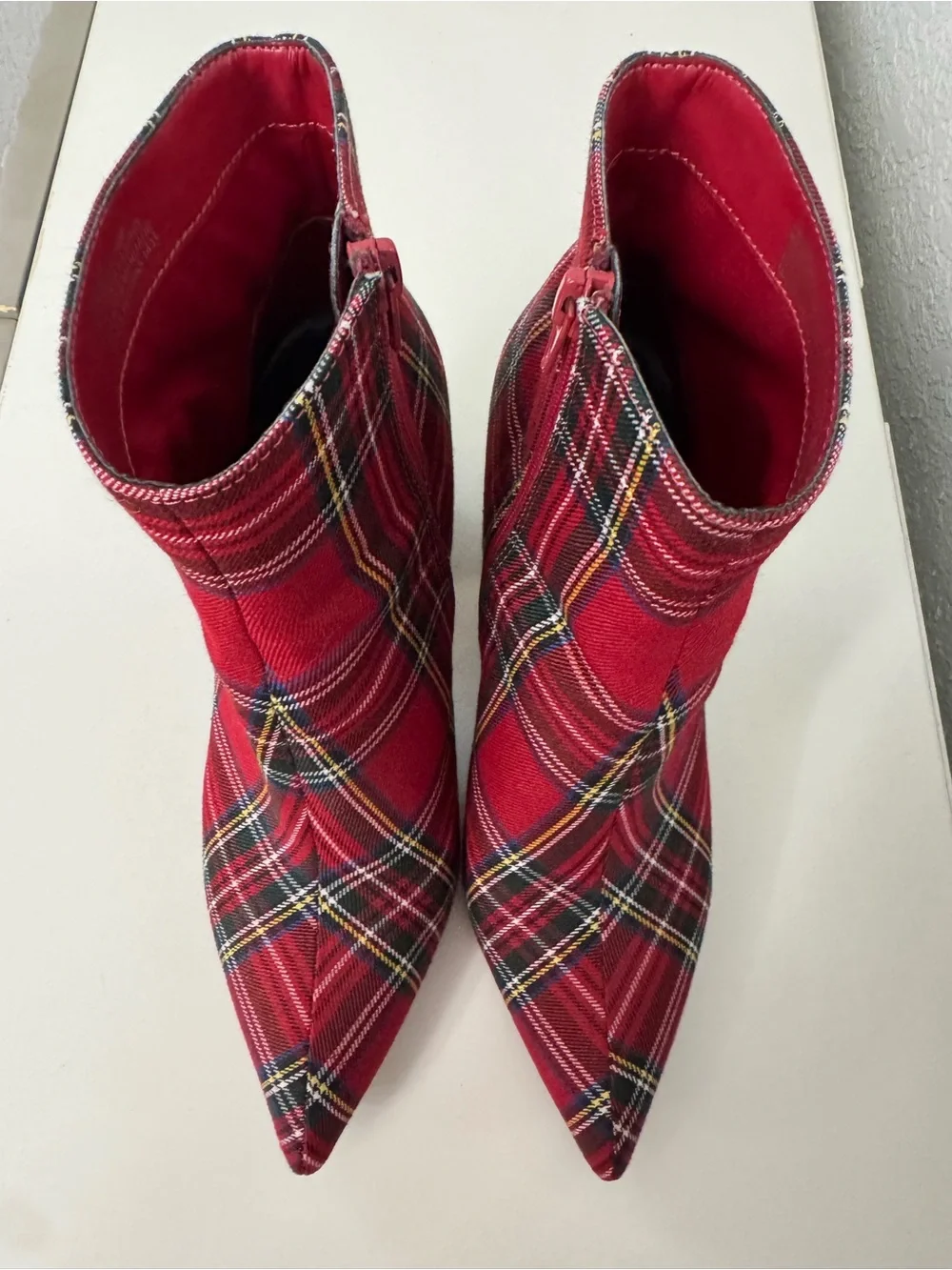 Betsey Johnson Red Plaid Ankle Boots with Embellished Block Heel